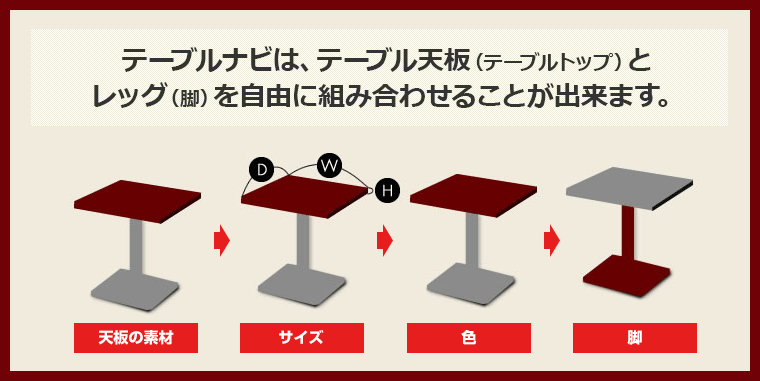 テーブルレッグショップは、テーブル天板(テーブルトップ)とレッグ(脚)を自由に組み合わせることが出来ます。
